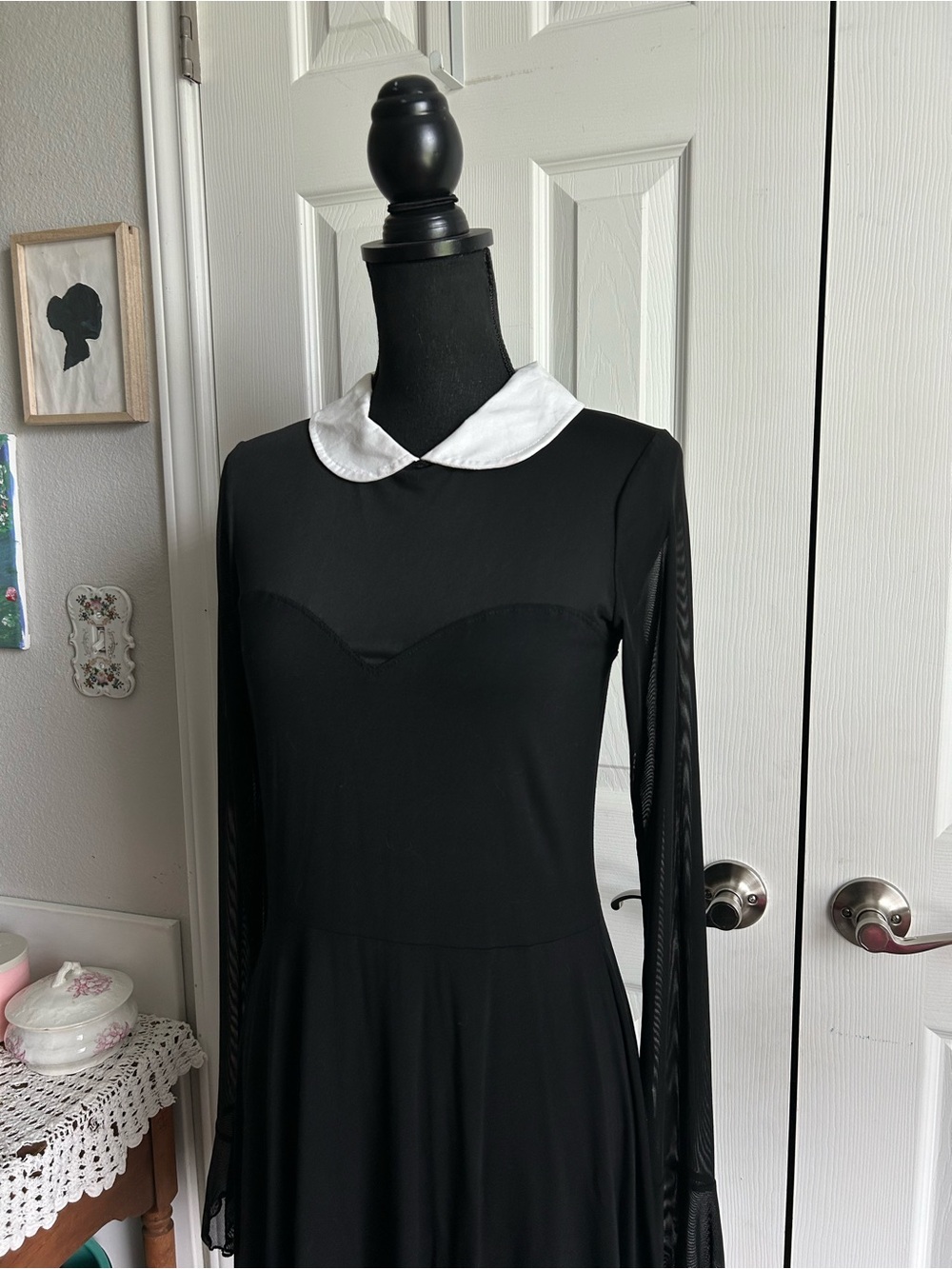 Dolls Kill | Current Mood white collared black mesh long sleeve mini dress - Picture 8 of 9